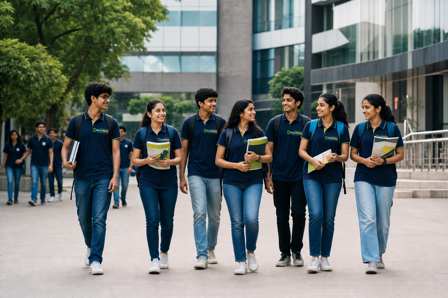 Illustrated junior-college campus setting of the kind parents see during an admission visit