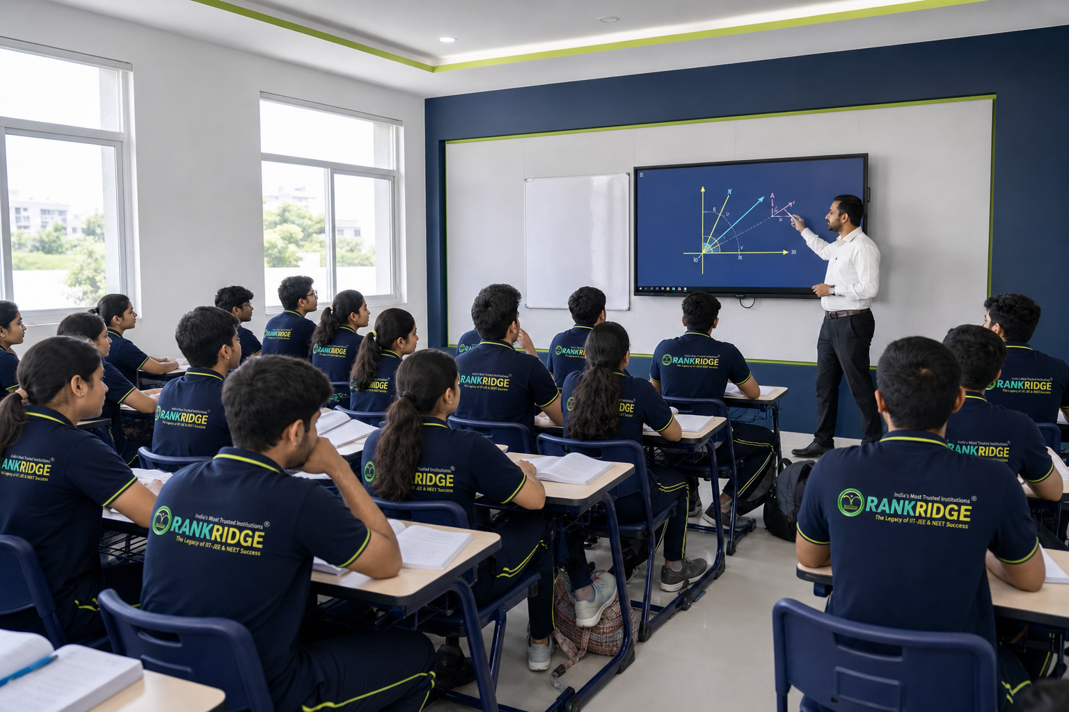 Illustrated classroom teaching scene for Intermediate and entrance-exam subjects