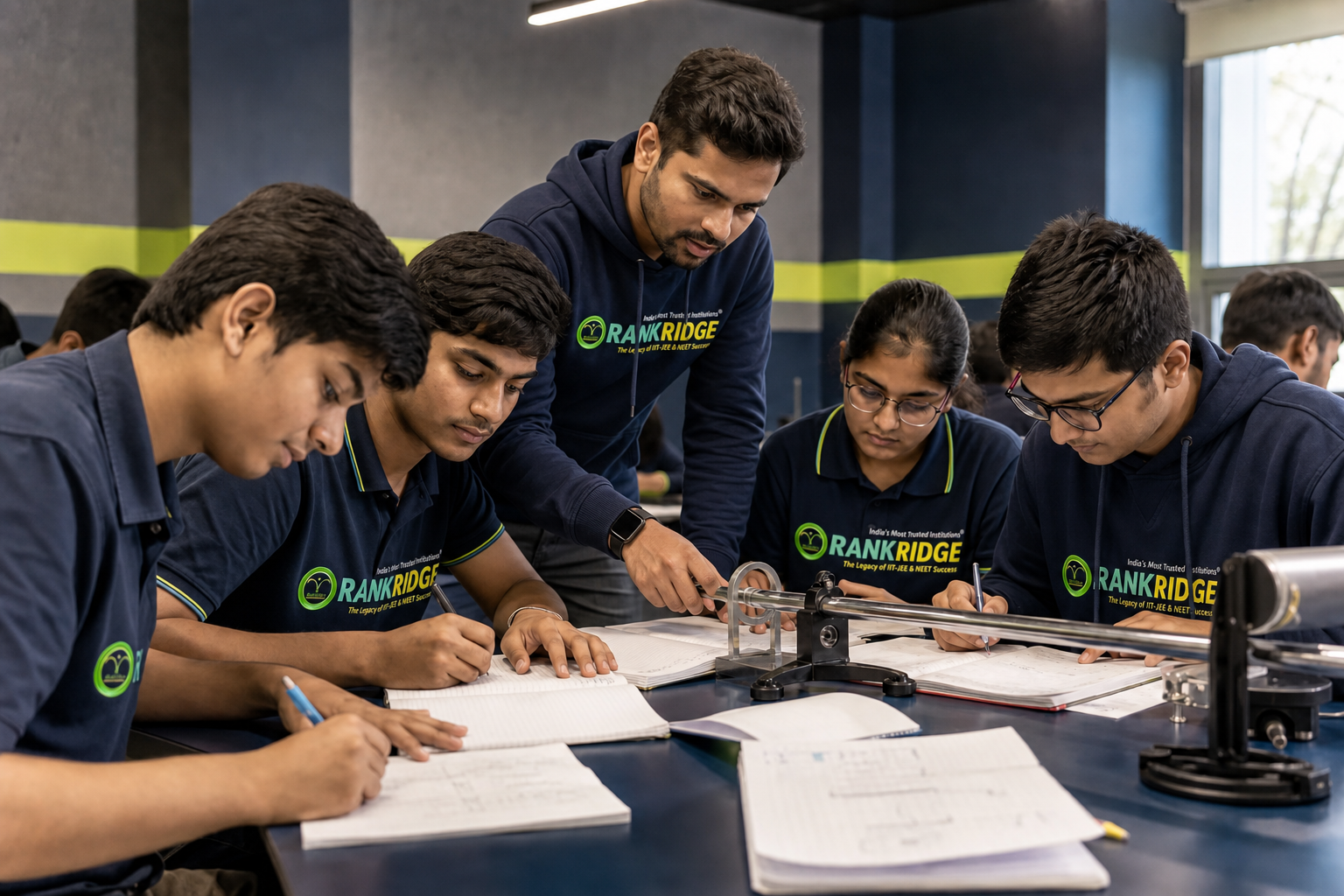 Illustration of students working through physics and mathematics problems in a lab-style classroom